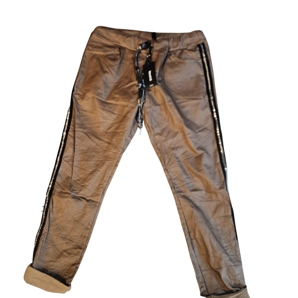 Venti6 Pants Womens large Brown Satin Jogger Elastic Waist Zip Trim Italy